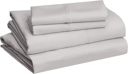 Amazon Basics Lightweight Super Soft Comfortable Breathable Wrinkle Resistant Microfiber 4 Piece Bed Sheet Set with 14-Inch Deep Pockets, Queen, Light Gray, Solid