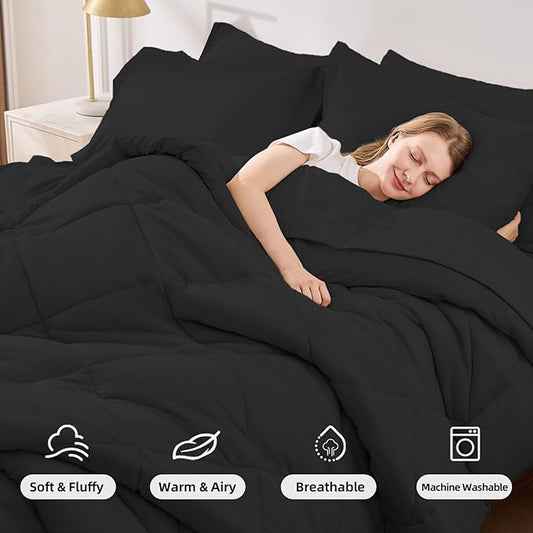 FUANNA 7 Pieces Queen Comforter Set, All Season Bed in a Bag Queen Size, Luxury Soft Bedding Sets with Comforter, Flat Sheet, Fitted Sheet, Pillowcases & Pillow Shams, Black