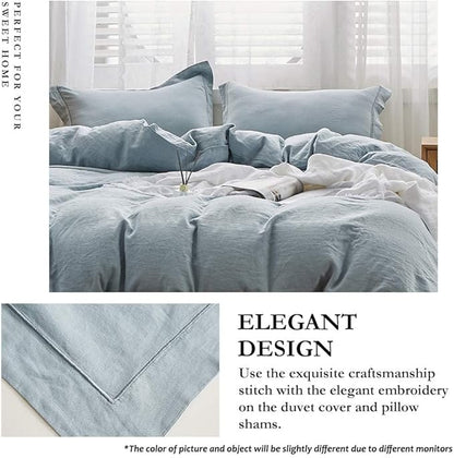 Simple&Opulence 100% Linen Duvet Cover Set with Embroidery Border Washed - 3 Pieces (1 Duvet Cover & 2 Pillow Shams) with Button Closure Soft Breathable Farmhouse - Dusty Blue, Queen Size