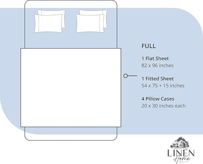 Linen Home 100% Cotton Percale Sheet Set, Full Size, Dark Blue, Deep Pocket, 6 Pieces Set - 1 Flat, 1 Deep Pocket Fitted Sheet and 4 Pillowcases, Crisp Cool and Strong Bed Linen