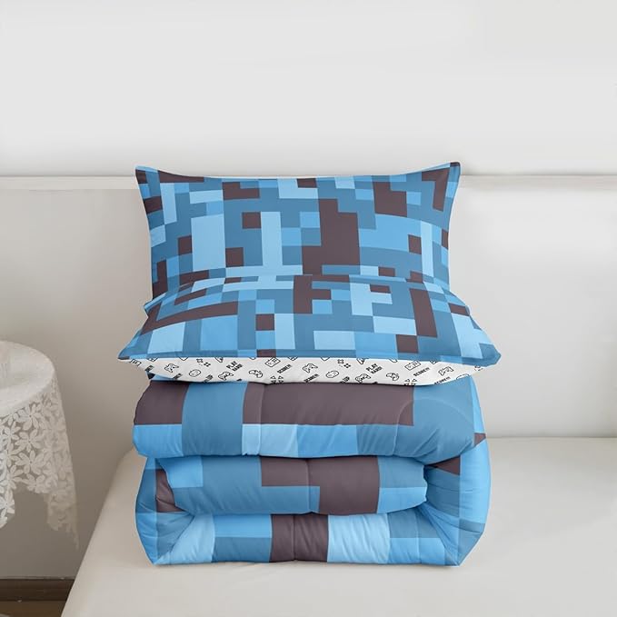 Pixel Grid Miners Kids Comforter Set Twin Size,Reversible Gamepad Video Games Bedding Set Boys Room Decor,Army Camo Geometric Quilt Comforter,Black Light Blue Duvet Set Bedroom Quilt Set,1 Pillowcase