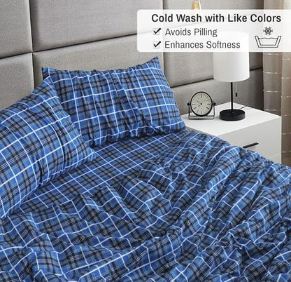 RUVANTI Flannel Sheets Set Split King Size, Blue Plaid