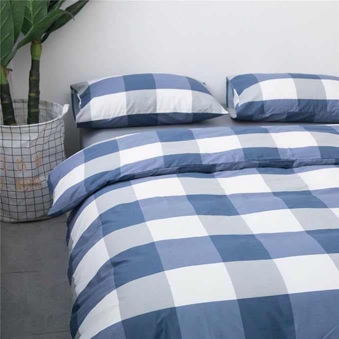 LifeTB Blue White Plaid Duvet Cover Queen Modern Soft 100% Cotton Comforter Cover Simple Style Plaid Grid Duvet Cover with 2 Pillowcases Blue White Grey Checked Bedding Set Full Queen