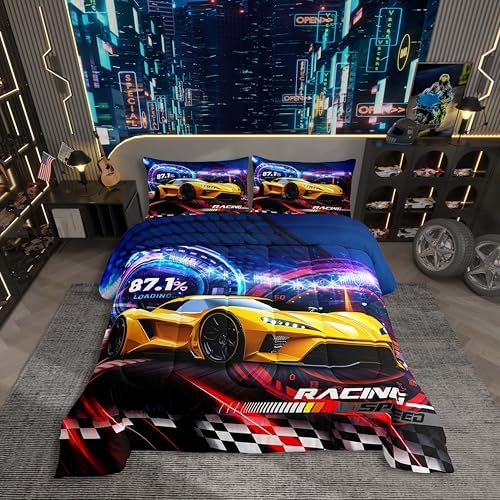 Erosebridal Yellow Race Car Boy Toddler Bedding Sets for Kids,Black and White Grid Buffalo Lattice Comforter Set,Extreme Sports Cool Speed Luxury Cars Quilt,Speed Dashboard Racing Car Comforter