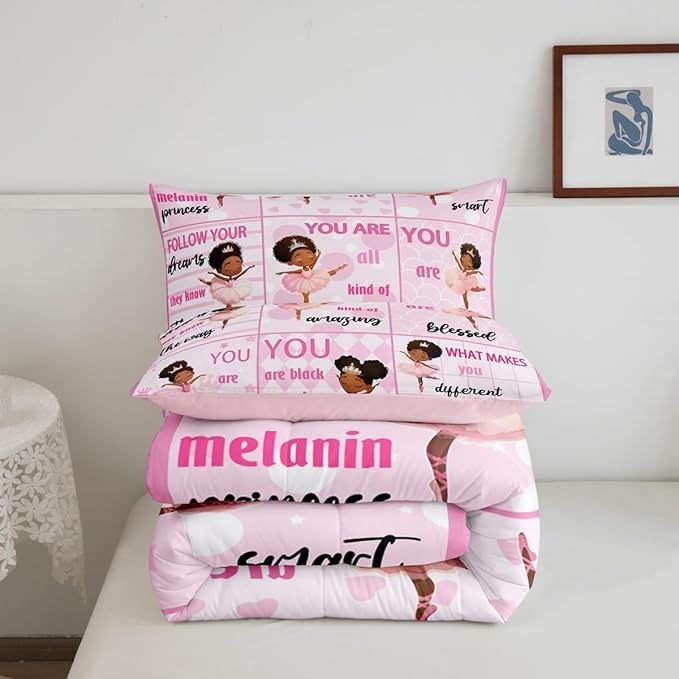 Castle Fairy Kawaii Girly Ballet Comforter Set Twin Size American Style Princess Bedding Set Bedroom Decor Motivational Quotes Quilt Set for Kids Girls Pink Artistic Dancer Duvet Insert,2 Pcs