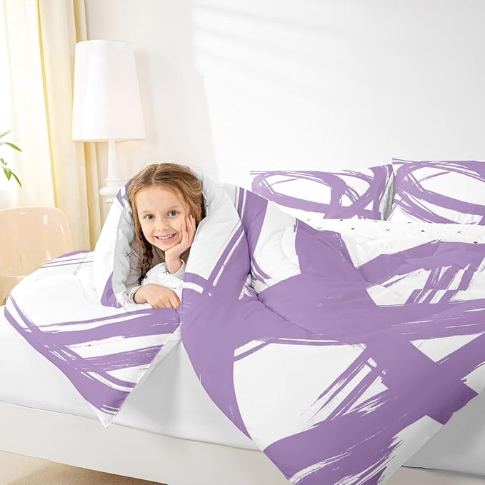 Purple and White Abstarct Comforter Set Twin Size for Kids Boys Girs,Graffiti Stripes Lines Bedding Set,Aesthetic Geometric Duvet Insert for Minimalists,Contemporary Boho Modern Art Quilt