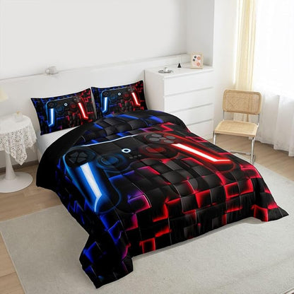 Erosebridal Kids Gaming Comforter Sets Boys Full Geometric Gamer Comforter Neon Lights Red Indigo Blue Game Console Teen Boy Bedding Set 3D Ombre Checkered Gamepad Decor Quilt Duvet for Game Room