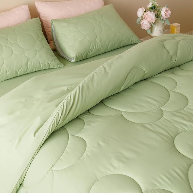 Houseri Sage Green Floral Comforter Set King Sunflower Light Green Fluffy Quilted Comforters King Size Ultra Comfy Bedding Sets Soft Breathable