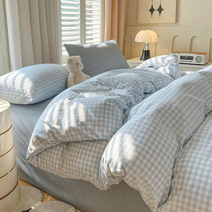 Nayoroom Gingham Duvet Cover King Size Blue White Plaid Checkered Comforter Cover 3 Pcs Soft Breathable Washed Microfiber Grid Farmhouse Bedding Set with Pillow Shams