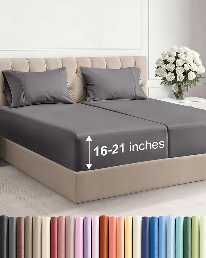 Extra Deep Pocket Split King Size Sheet Set - 5 Piece Breathable & Cooling Bed Sheets - Hotel Luxury Bedding w/ 16 to 21 inch Extra Deep Pockets - Soft, Fade & Wrinkle Resistant - Oeko-Tex - Dark Grey