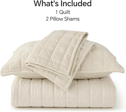 BEDELITE Velvet Quilt Set Queen Size - Luxury Velvet Comforter Bedding Set 3 Pieces, Soft Cozy Cream White Oversized Bedspread Coverlet for All Seasons with 2 Pillow Shams