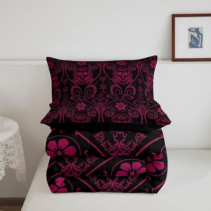 Feelyou Adults Pink Vintage Damask Floral Comforter Set Oriental Antique Comforter King Size Exotic Sugar Skull Rose Bedding Set Gothic Bohemia Boho Duvet Set Quilt Set 3Pcs