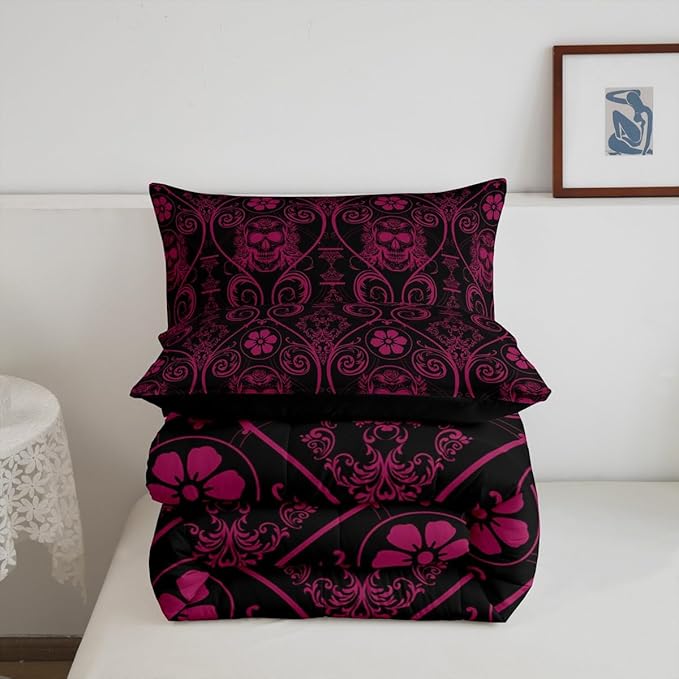 Feelyou Adults Pink Vintage Damask Floral Comforter Set Oriental Antique Comforter Queen Size Exotic Sugar Skull Rose Bedding Set Gothic Bohemia Boho Duvet Set Quilt Set 3Pcs