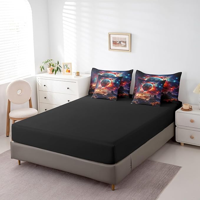 Erosebridal Planet Comforter Set 7 Piece Bed in a Bag Twin,Sun Moon Galaxy Bedding Sets Universe Nebula Outer Space Sheet Set with Comforter