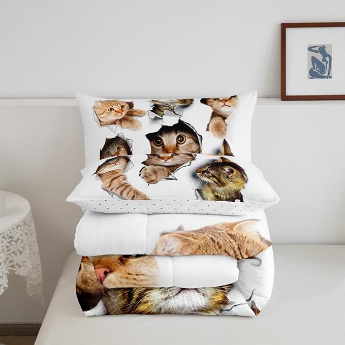 Erosebridal 3D Kitten Bedding Set King Size Kawaii Cats Comforter Set for Kids Men Women Paw Cute Pet Animal White Orange Comforter Warm Soft Quilt Insert
