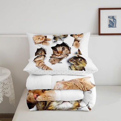 Erosebridal 3D Kitten Bedding Set King Size Kawaii Cats Comforter Set for Kids Men Women Paw Cute Pet Animal White Orange Comforter Warm Soft Quilt Insert