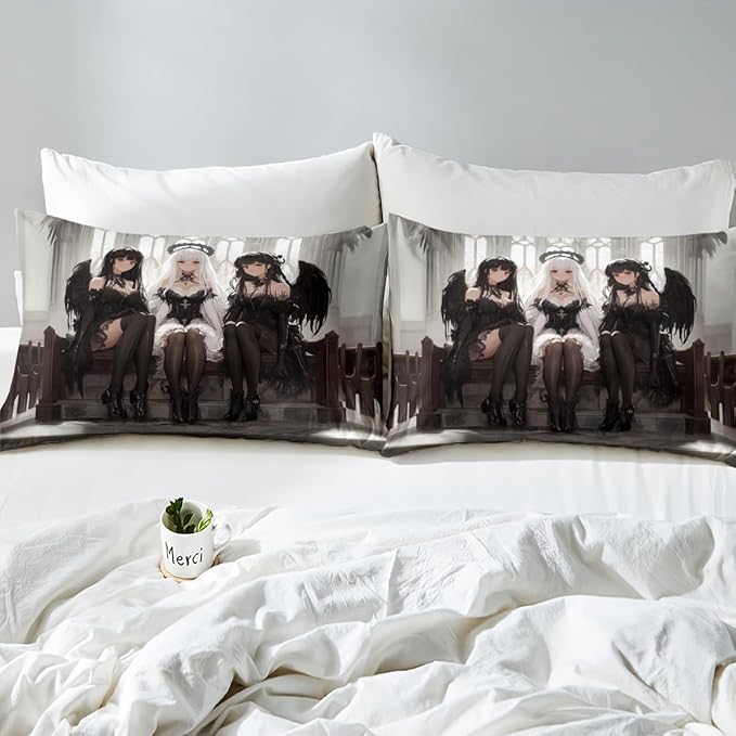 Erosebridal Japanese Anime Queen Size Bedding Set, Anime Girl Bed Sheets Kawaii Japanese Style Fitted Sheet Cartoon Japan Animation Bed Set for Boys Youth Teens Adult Women Bedroom Decor