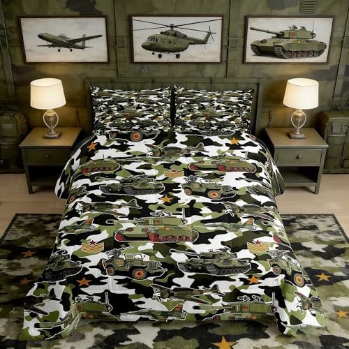 Manfei War Theme Comforter Set King Size, Army Aircraft Tanks Down Comforter with 2 Pillowcases, Retro Green Camouflage Bedding Set 3pcs for Kids Boys Teens Room Decor Lightweight Duvet Insert