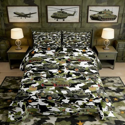 Manfei War Theme Comforter Set King Size, Army Aircraft Tanks Down Comforter with 2 Pillowcases, Retro Green Camouflage Bedding Set 3pcs for Kids Boys Teens Room Decor Lightweight Duvet Insert