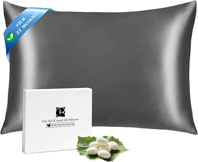 Ravmix 100% Silk Pillow Cases with Zipper, 21 Momme Mulberry Silk Pillowcase for Hair Skin Health, Soft Smooth Breathable Cooling Pillow Cover for Beauty Sleep(Standard 20"x26", Space Grey), 1PCS