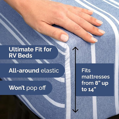 Short Queen Size 4 Piece Sheet Set - RV Short Queen, Soft, Breathable & Cooling Bed Sheets Set w/ Deep Pockets - Hotel Luxury Bedding for Women, Men, Kids, Teens, Boys & Girls, Oeko-Tex - Blue Stripes