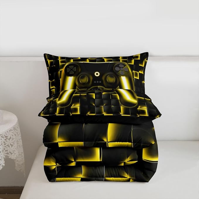 Erosebridal Geometric Gamepad Bed Comforter Set Gaming Bedding Sets Gamer Comforter Sets Full Size for Kids Boys Teen,Black Gold Neon Lights Game Console Quilt Duvet 1 Comforter with 2 Pillow Cases