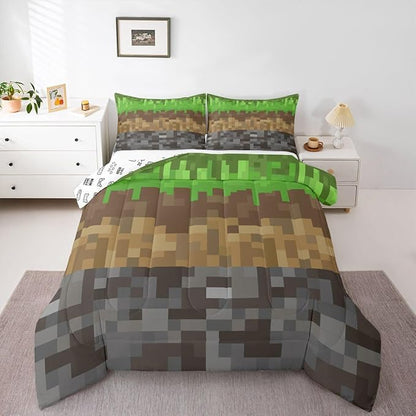 Miners Pixel Checked Kids Bedding Set Queen Size,Video Games Check Lattice Comforter Set,Game Cartoon Gamepad Quilt Comforter,Gray Green Brown Bedroom Duvet Insert,2 Pillowcases
