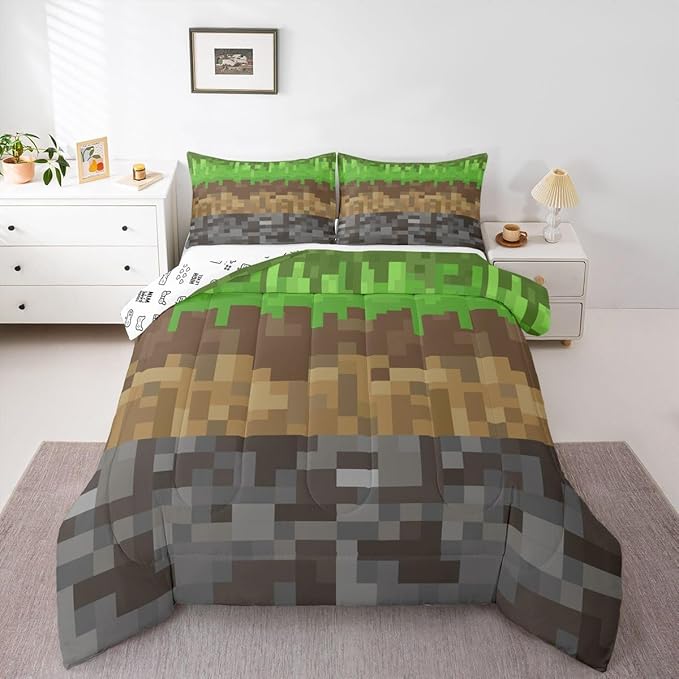 Miners Pixel Checked Kids Comforter Set Full Size,Video Games Check Lattice Bedding Set,Boys Room Decor,Game Cartoon Gamepad Quilt Comforter,Gray Green Brown Duvet Set Bedroom Quilt Set,2 Pillowcases