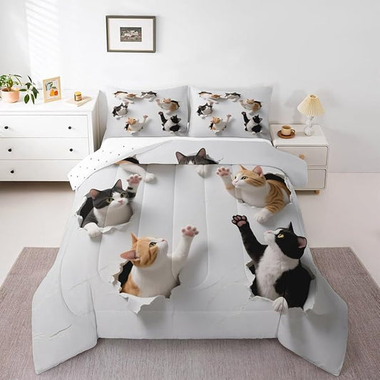 Erosebridal Kawaii Cats Bedding Set Toddler Size 3D Kitten Comforter Set for Kids Boys Girls Paw Cute Pet Animal White Yellow Black Comforter Warm Soft Quilt Insert