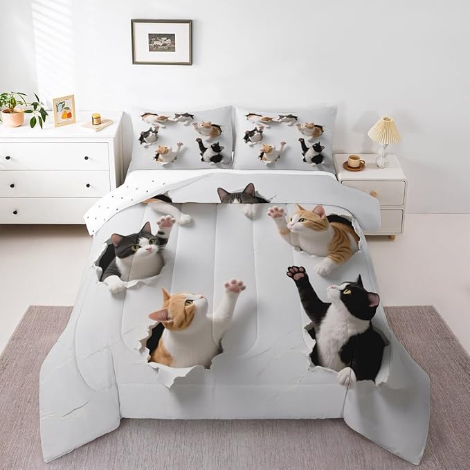 Erosebridal Kawaii Cats Bedding Set Twin Size 3D Kitten Comforter Set for Kids Boys Girls Paw Cute Pet Animal White Yellow Black Comforter Warm Soft Quilt Insert