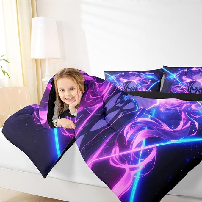 Erosebridal 3D Anime Kids Bedding | Japanese Girl Comforter Sets King,Girly Galaxy Stars Comforter Purple Neon Duvet Insert with 2 Pillow Cases
