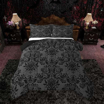 Feelyou Adults Gothic Comforter Set All Season Dark Olive Green Damask Bedding Set with 1 Pillow Cases Vintage Rose Microfiber Kids Twin Bedroom Decor Duvet Quilt Breathable Soft Lightweight