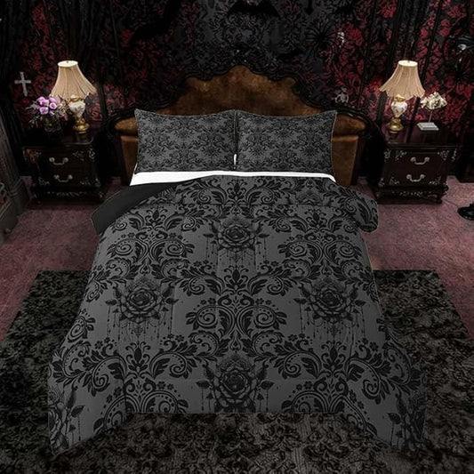 Feelyou Adults Gothic Comforter Set All Season Dark Olive Green Damask Bedding Set with 2 Pillow Cases Vintage Rose Microfiber Kids Full Bedroom Decor Duvet Quilt Breathable Soft Lightweight