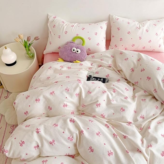 Nayoroom Pink Bow Duvet Cover Queen Size Heart Bows Printed Coquette Bedding Set 3 Pcs Kids Girls Cute Comforter Cover with Zipper Closure Soft Breathable Microfiber