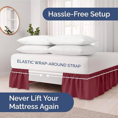 Wrap Around Dust Ruffle Bed Skirt - Burgundy - for King Size Beds with 21 Inch Drop - Easy Fit Elastic Strap - Adjustable Pleated Bedskirt w/Brushed Fabric Wrinkle Free - for Women, Men, Kids & Teens