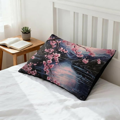 Japanese Cherry Blossom Comforter Set King Women Black Pink Floral Bedding with 2 Pillowcases, 3Pcs Soft Farmhouses Country Bedroom Decor Quilt Set, 104"x90"