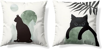 Sage Green Cat Throw Pillow Covers 18x18 Set of 2, for Cat Lovers,Boho Black Cat Pillowcases, Aesthetic Green and Black Decor for Dorm Bedroom Office(01)