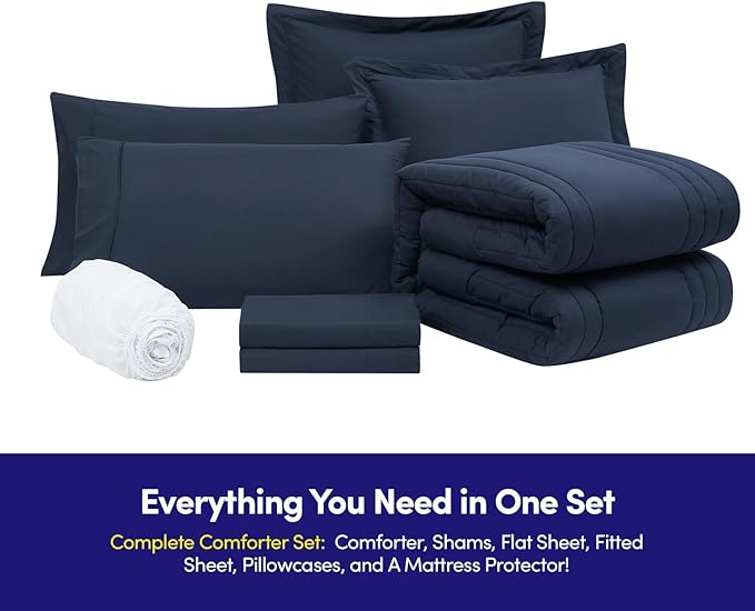 Full Size Comforter Set Quilted Stripe Bedding Bundle – Comforter, Mattress Protector, Sheets with Pockets on the Side & Built-in Corner Strap – Fitted Sheet Media Pocket for Devices, Navy Blue