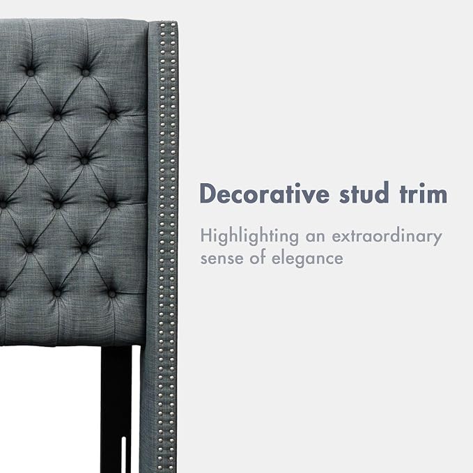 Madison Park King Wingback Upholstered Tufted Headboard, Featuring High-Density Sponge Padding, Adjustable Height Headboard, Easy Assembly, Dark Grey Woven