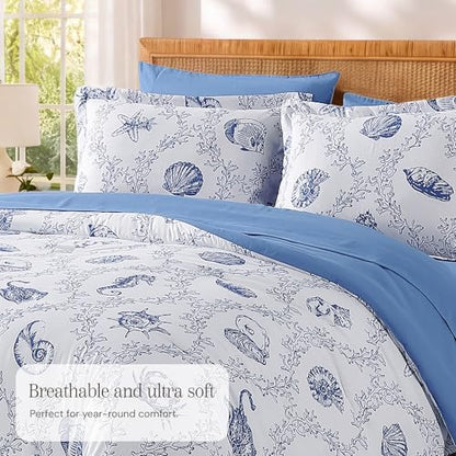 BLOOMHAVEN King Size Comforter Set-7 Pieces Coastal Blue Bed in a Bag King