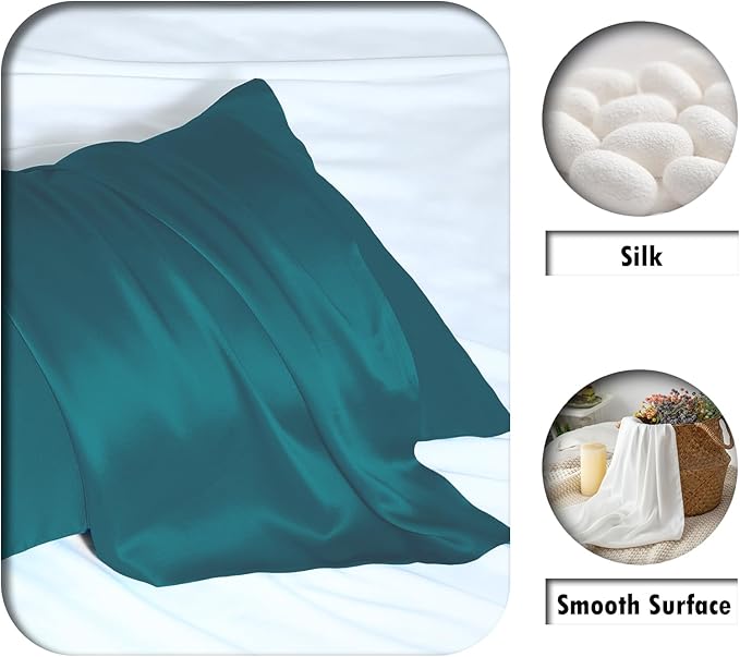 Mulberry Silk Pillowcase for Hair and Skin Standard Size 20"X 26" Pillow Case with Hidden Zipper Soft Breathable Smooth Cooling Silk Pillow Covers for Sleeping (Teal,Standard,1Pcs)