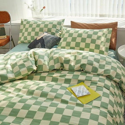 CLOTHKNOW Green White Plaid Comforter Set California King Grid Bedding Comforter Sets Checker Comforter with 2 x Pillow Cases