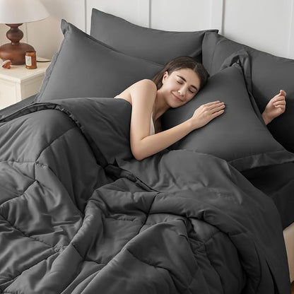 JOLLYVOGUE Queen Comforter Set, Ultra-Soft Bed in a Bag Queen Size 7 Pieces, Oeko-TEX Certified Bedding Set with Down Alternative Comforter, Sheets, Pillowcases & Shams, Dark Grey