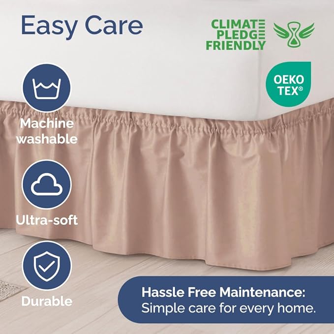 Wrap Around Dust Ruffle Bed Skirt - Mauve - for King Size Beds w/ 15 Inch Drop - Easy Fit Elastic Strap - Adjustable Pleated Bedskirt w/Brushed Fabric - Wrinkle Free - for Women, Men, Kids & Teens