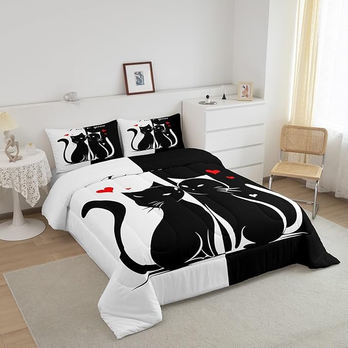 Cats Lovers Bedding Set for Boys Girls,Cute Cat Valentine's Day All Season Cozy Comforter Set Full Size,Black and White Couples Duvet Set Bedroom Décor,Gift for Kids