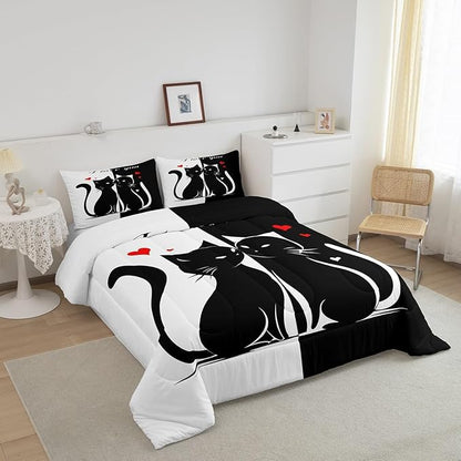 Cats Lovers Queen Size Comforter Set,Cute Cat Valentine's Day Down Alternative Comforter Adults Bedroom Decor,Black and White Couples Ultra Soft Inner Fill 3Pcs Bedding