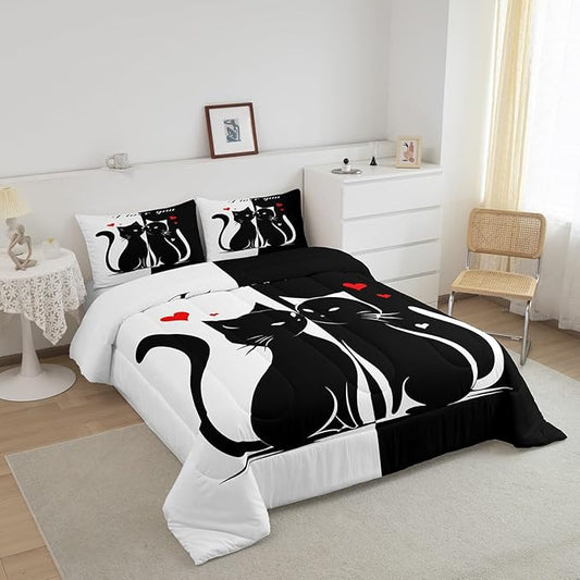 Cats Lovers Queen Size Comforter Set,Cute Cat Valentine's Day Down Alternative Comforter Adults Bedroom Decor,Black and White Couples Ultra Soft Inner Fill 3Pcs Bedding