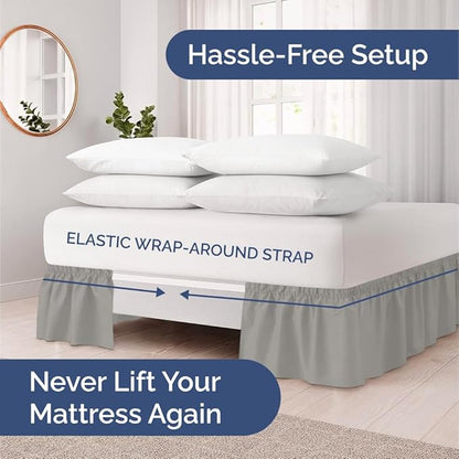 Wrap Around Dust Ruffle Bed Skirt - Light Grey - Twin/Twin XL Size Beds with 15 Inch Drop - Elastic Strap - Adjustable Pleated Bedskirt with Brushed Fabric and Wrinkle Free - Women, Men, Kids & Teens