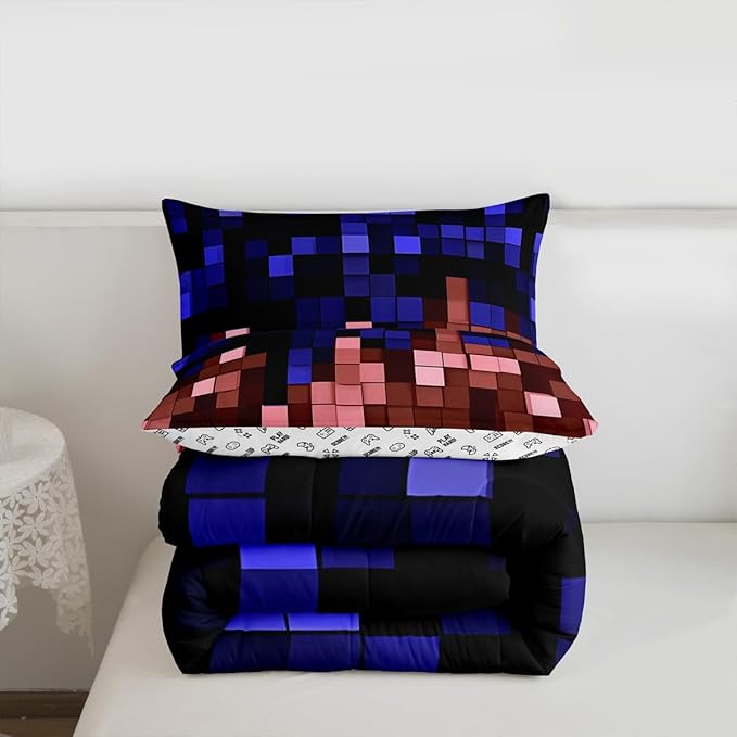 Pixelated Miners Game Kids Bedding Set Queen Size,Geometric Check Video Games Comforter Set,Gamepad Grid Gaming Quilt Comforter,Blue Red Bedroom Duvet Insert,2 Pillowcases