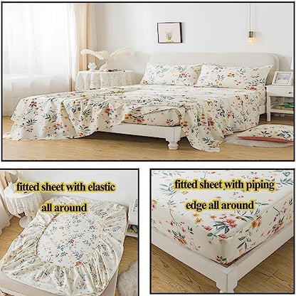 FADFAY Floral Sheets Set Full Vintage Pink Floral Bedding Shabby Beige Elegant Botanical Sheets Rustic Farmhouse Bedding 800 Thread Count 100% Egyptian Cotton Deep Pocket Fitted Sheet 4Pcs, Full Size